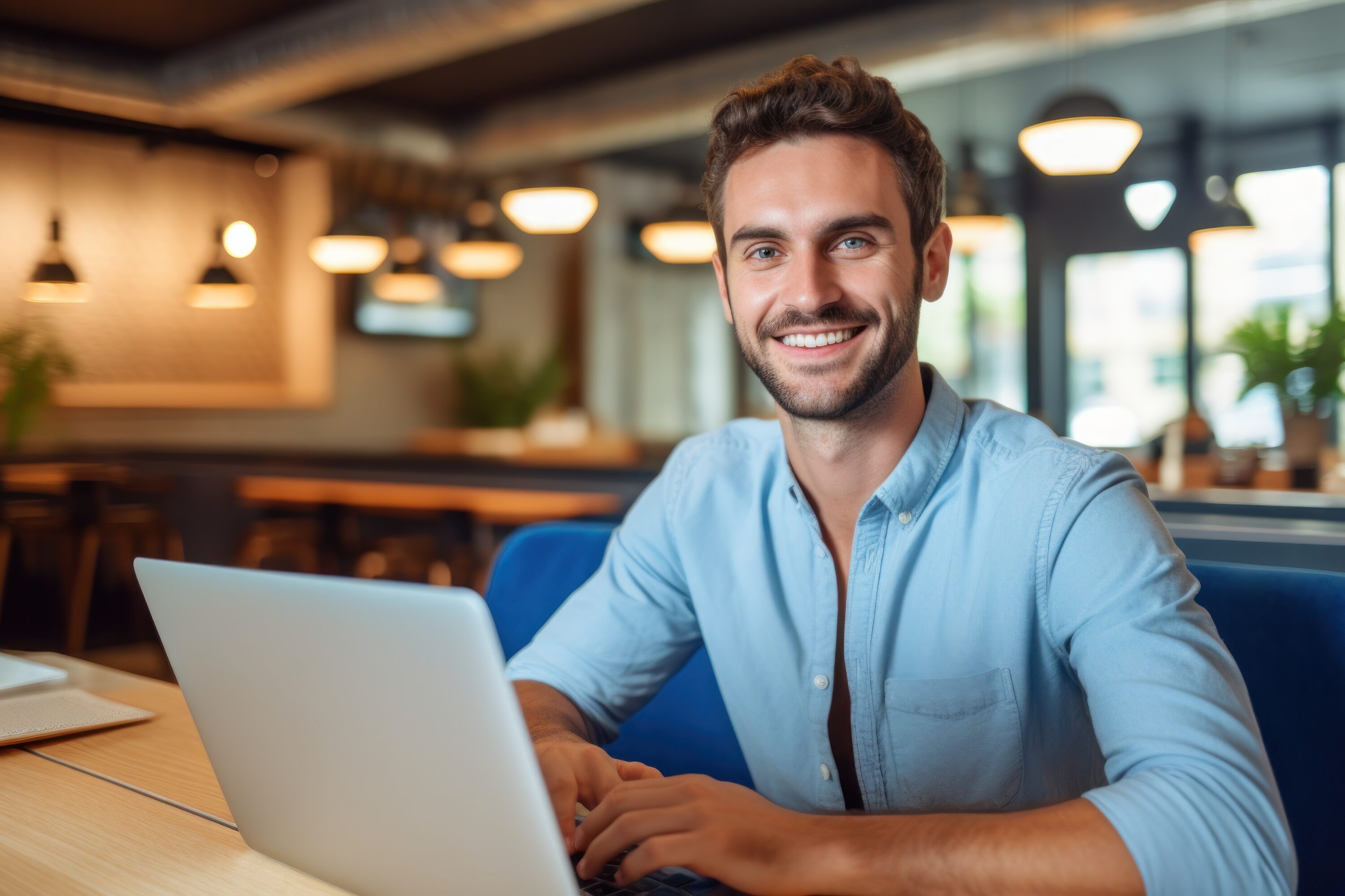 Young young smiling professional male smiling face working with laptop in office