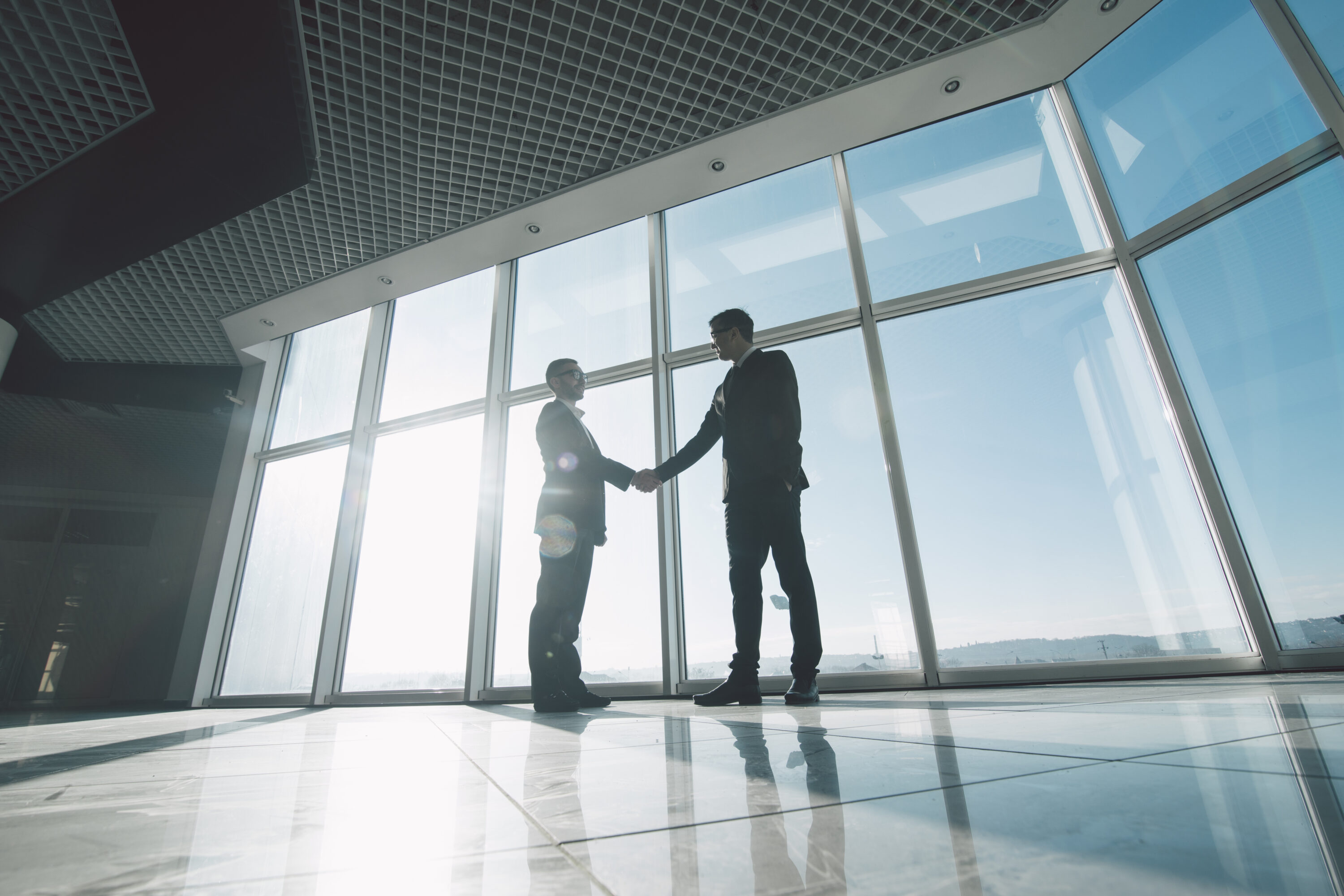 Two young businessmen are shaking hands with each other standing against panoramic windows.