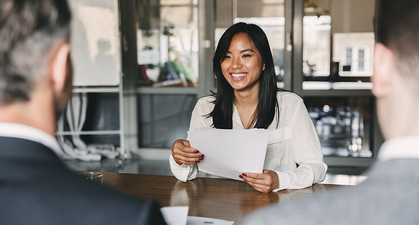 Female law student during on-campus interview (OCI) for a legal internship